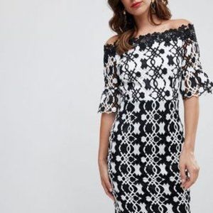 ASOS Paper Dolls Geometric Lace Detail Bardot Pencil Dress, New, US Size 4